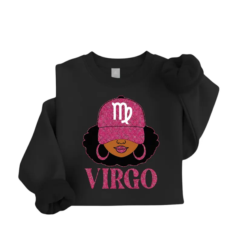 [Full 12 Zodiac] Zodiac Vibes Sweatshirt – Afro Woman Astrology Sign Pullover with Sparkly Hat Graphic, Unisex Horoscope Crewneck Gift for Aries, Virgo & Zodiac Lovers, Trendy Aesthetic Sweater