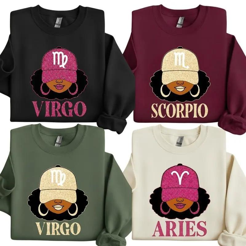 [Full 12 Zodiac] Zodiac Vibes Sweatshirt – Afro Woman Astrology Sign Pullover with Sparkly Hat Graphic, Unisex Horoscope Crewneck Gift for Aries, Virgo & Zodiac Lovers, Trendy Aesthetic Sweater